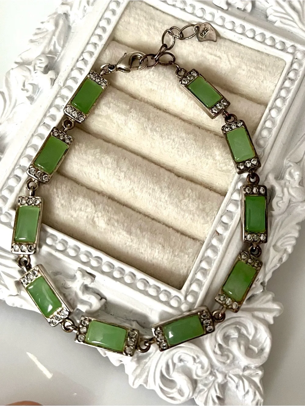 Vintage 925 Sterling Silver Green Chalcedony Bracelet 6.5–7.75” Apple Green
